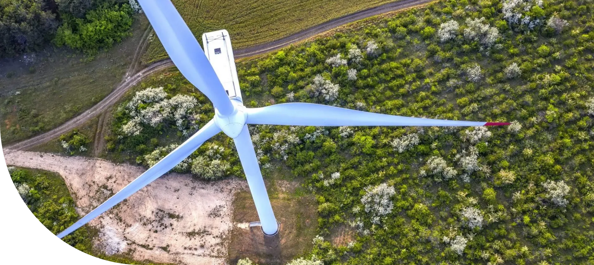 Wind turbine seen from directly above, standing among green fields and trees