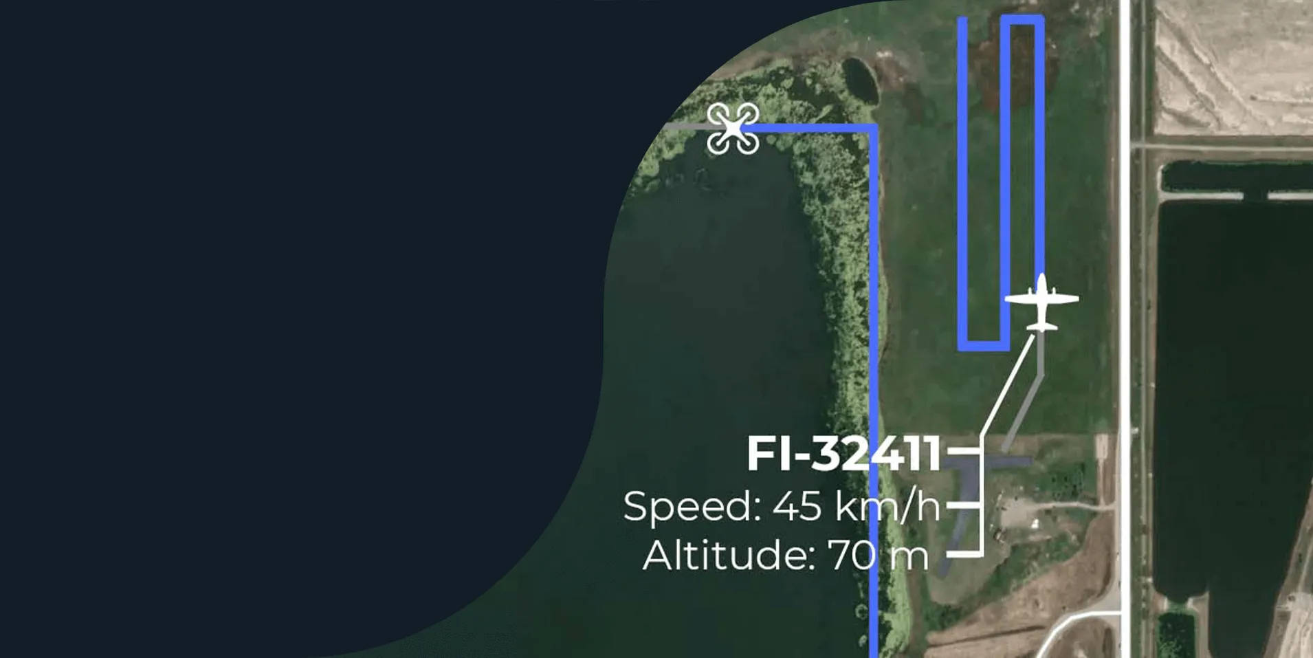 Flight Insight airspace map showing a drone's planned route beside a manned aircraft track, with live speed and altitude readouts for flight FI-32411